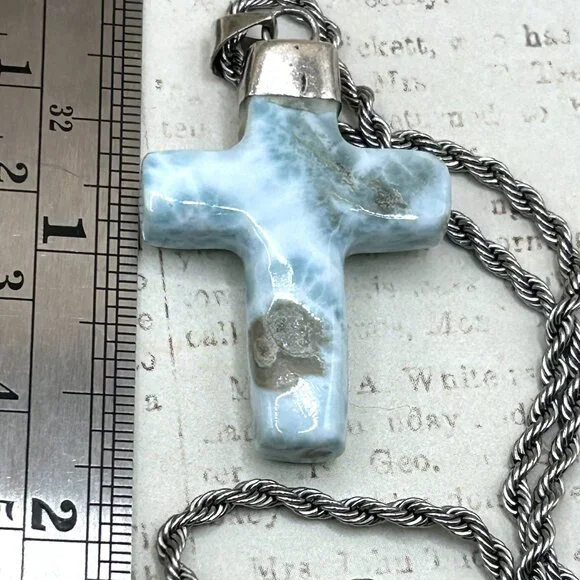 Large Larimar Sky Blue Carved Stone Cross Pendant Necklace Rope Chain Silver - Picture 5 of 9